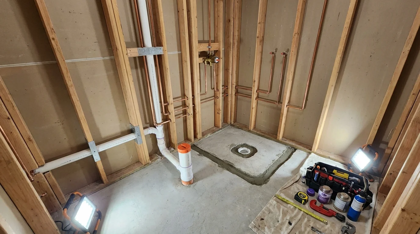 Bathroom rough-in plumbing during remodel by Johns Plumbing LLC in Salado