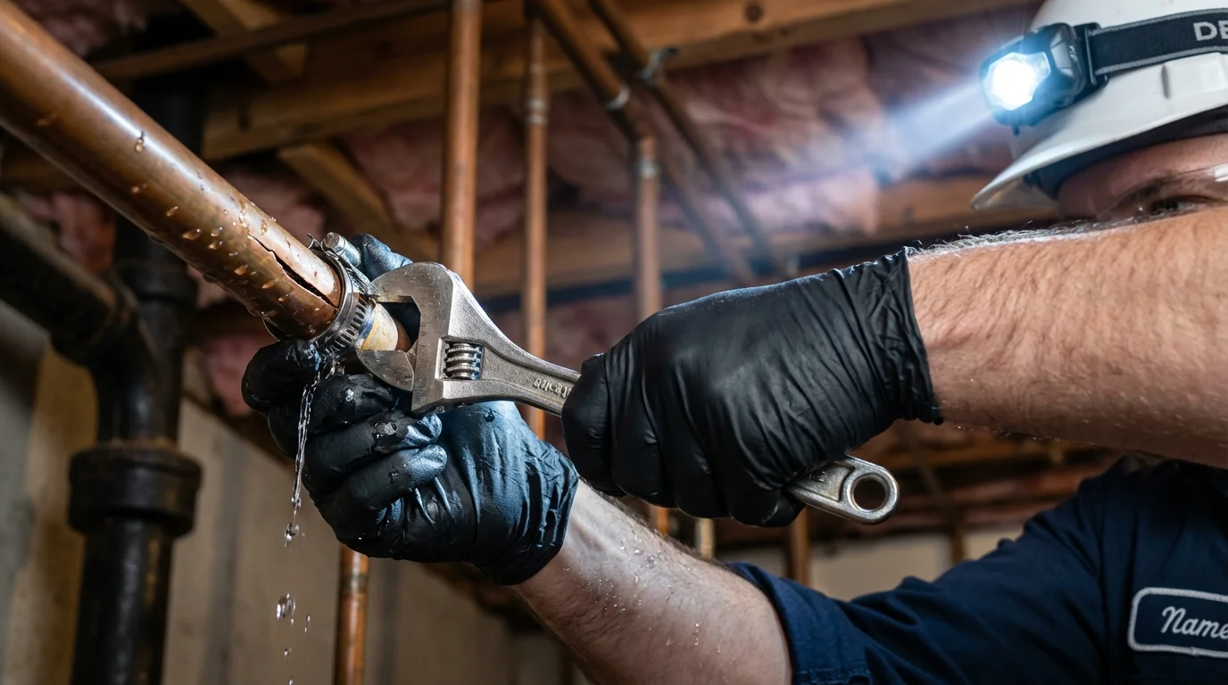 Emergency pipe clamp repair being performed by a Johns Plumbing LLC plumber in Salado